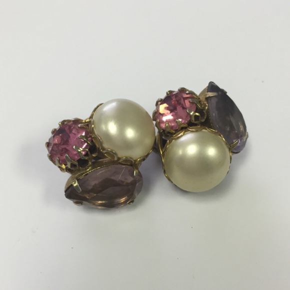 Vintage pink, purple & pearl clip on earrings