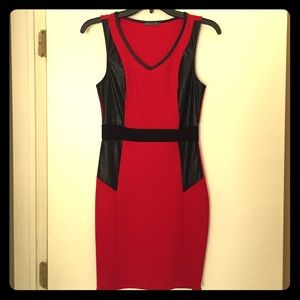 Red cocktail dress with leather detail
