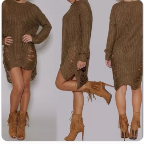 CAMEL DISTRESSED SWEATER DRESS FOR SZ S/M NEW - Picture 1 of 4