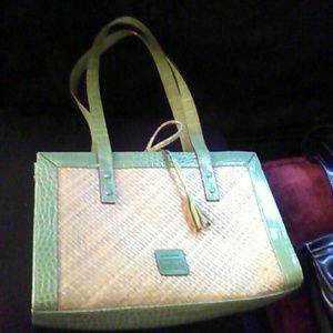 Green and white hand bag