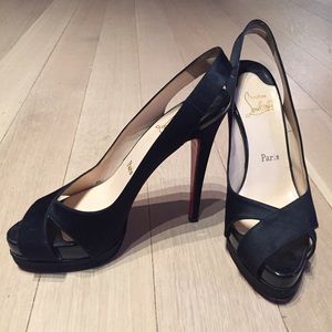 LOUBOUTIN Black Satin Peeptoe Slingback Pumps - 39