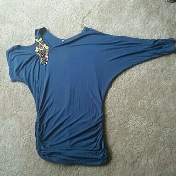 Royal blue, one sleeve shirt with unique beading