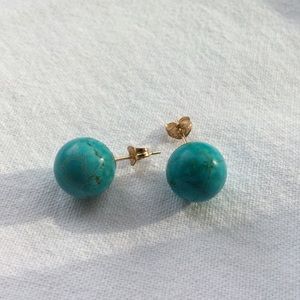 14k Gold stud, big turquoise ball earrings.