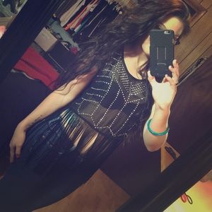 Sheer Black Jeweled Tank with Fringe -- Size Small