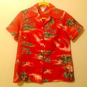 VINTAGE 70's Hawaiian Print Top, Rust Orange.