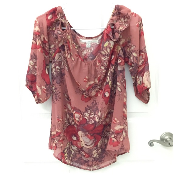 LC Lauren Conrad Floral Chiffon Cold Shoulder Top - Picture 2 of 4