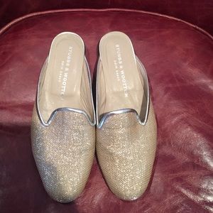 Champagne Stubbs and Wootton slip on mules.