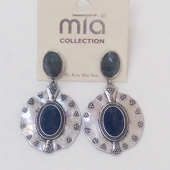 Antique silver Bohemian drop earrings ,blue+green