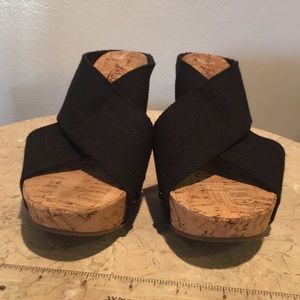 Cork Lucky Brand platforms with black tops.