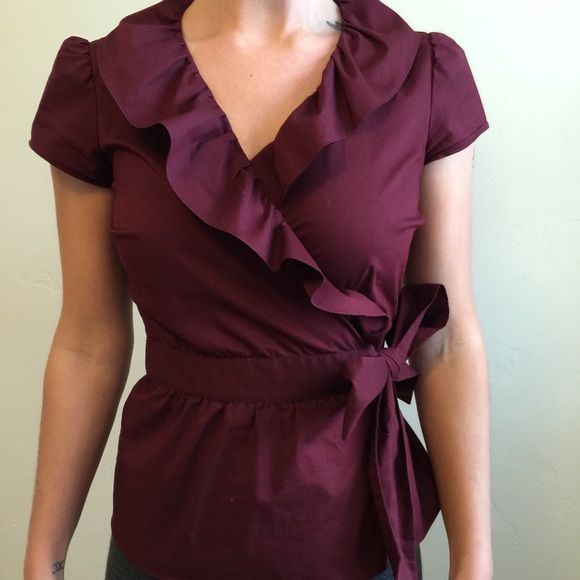 Ann Taylor Loft burgundy wrap ruffle blouse - Picture 1 of 3