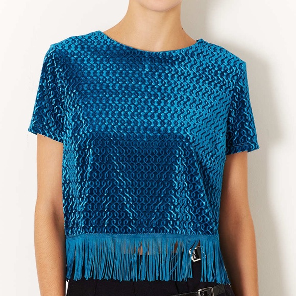 TOPSHOP US EMBOSSED VELVET FRINGE TEE