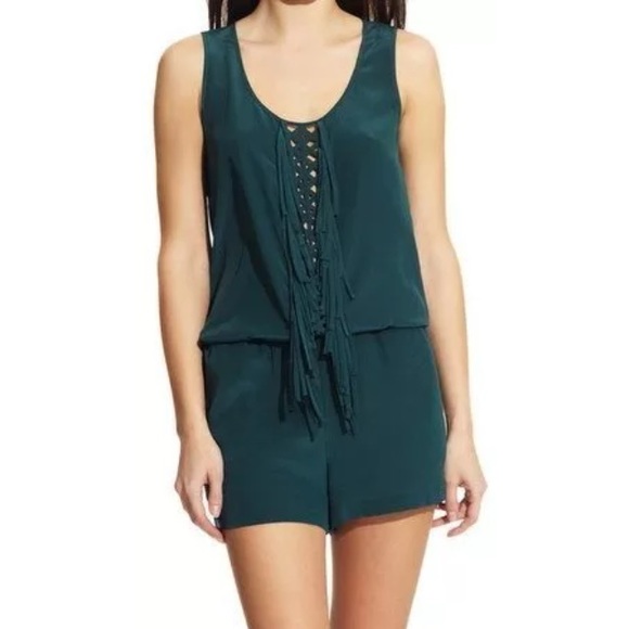 BCBG MAXAZARIA Fringe Romper- forest green