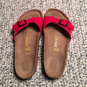 Red patent leather original Birkenstock sandals