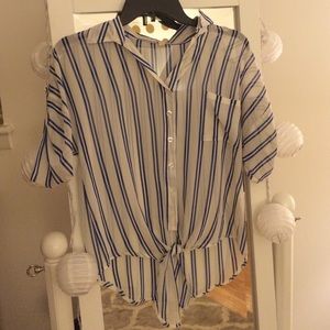 Navy and white sheer striped short sleeve top