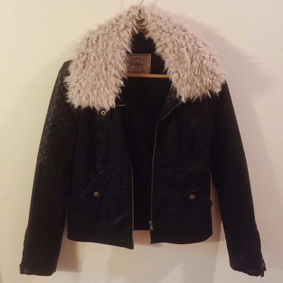 Zara. Faux leather jacket with white furry collar.