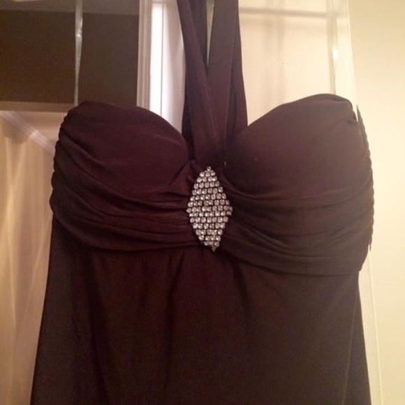 Long brown halter top formal gown