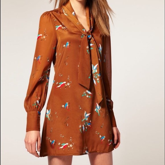 Asos bird print bow secretary silk dress