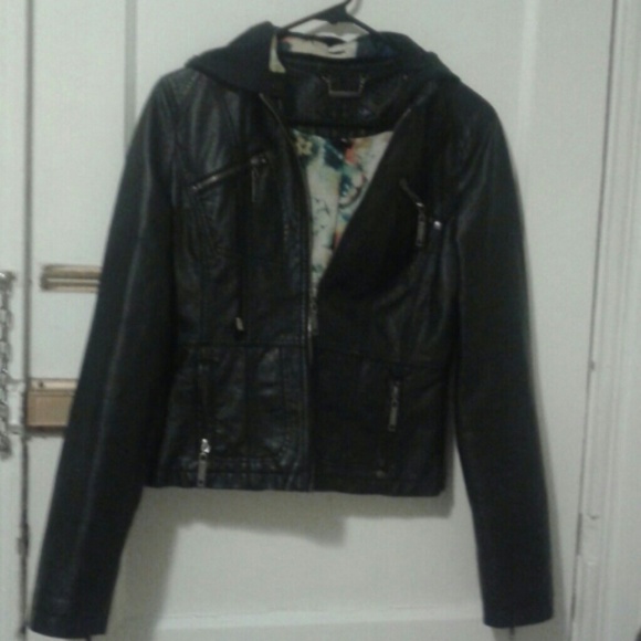 B black leather jacket with sweatshirt hoodie