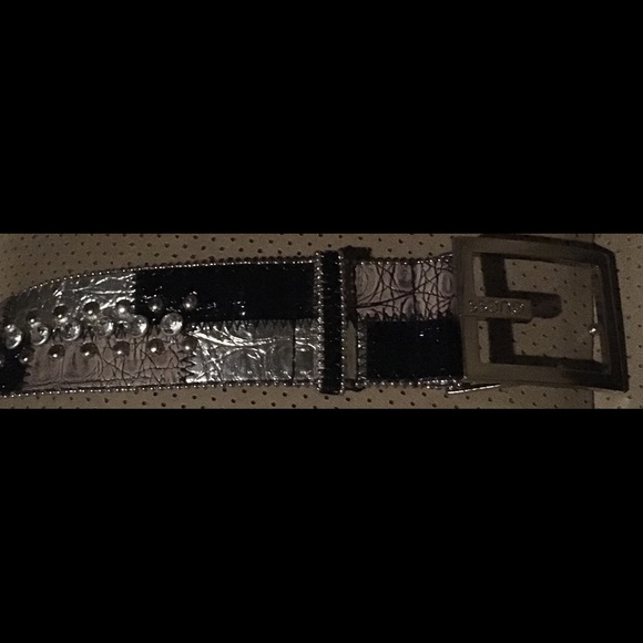 GUESS Black, Tan and Silver Belt with Rhinestones.