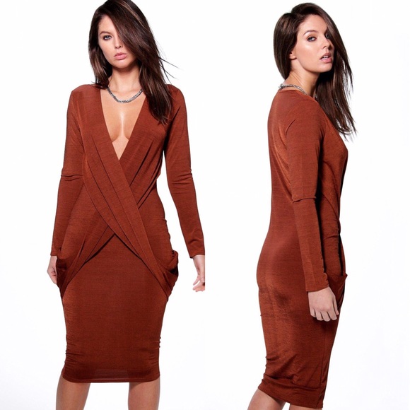 Boohoo Drape Cross Over Midi Dress