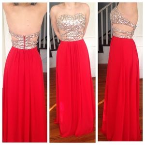 Formal, red, floor length dress