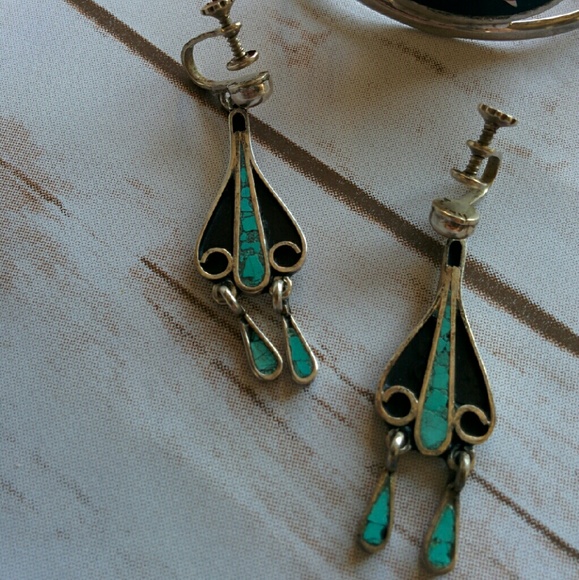 Vintage Jewelry - Taxco vintage turquoise inlaid earrings early 50s