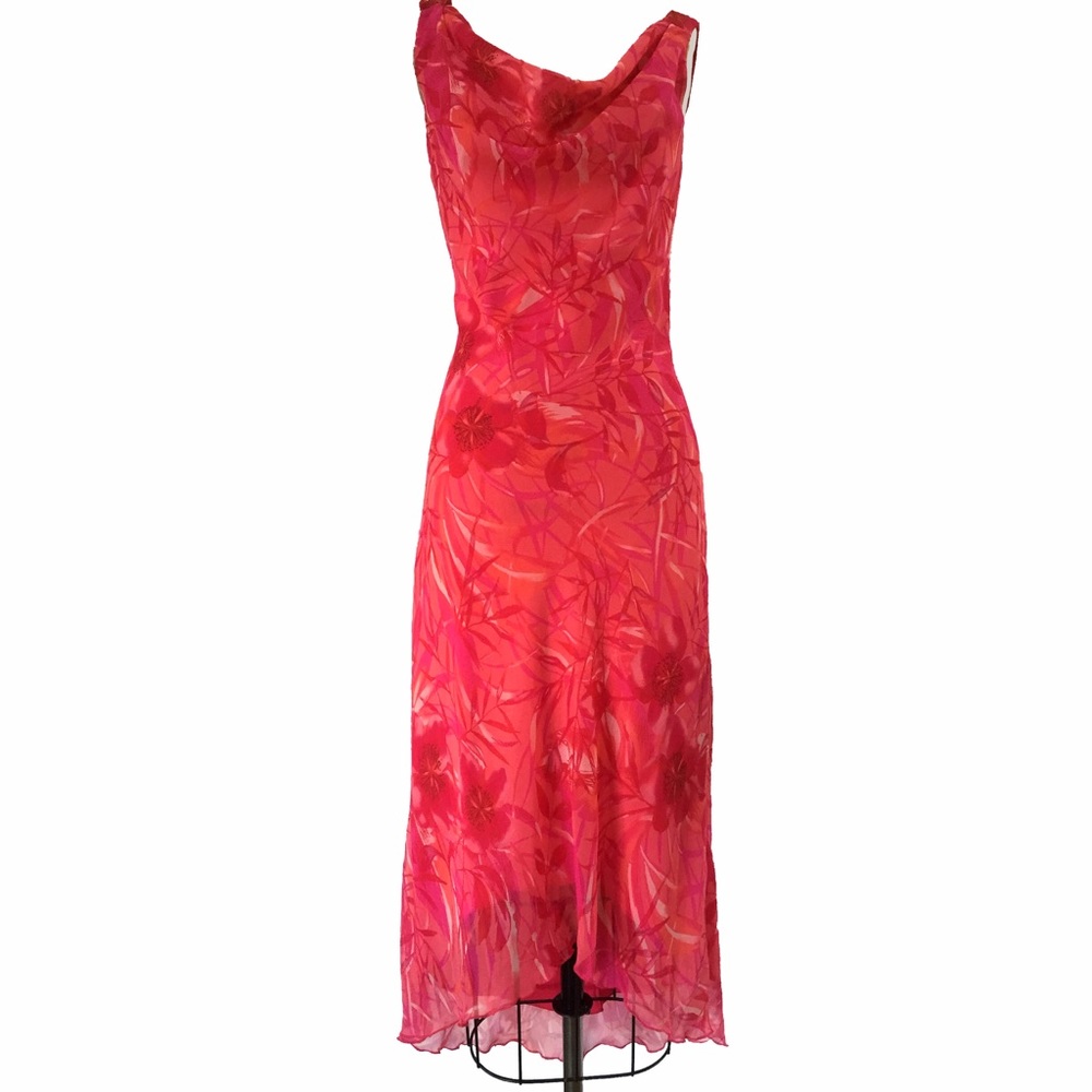 Lined pink red beautiful floral print sleeveless bias flare dress