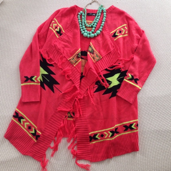 Sweaters - Coral Pink Yellow Aztec Tribal Sweater w/ Fringe