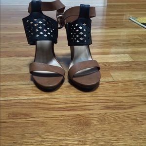 Brown and black faux leather just fab wedge