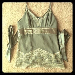 Anthropologie Sage Green embroidered tie back tank