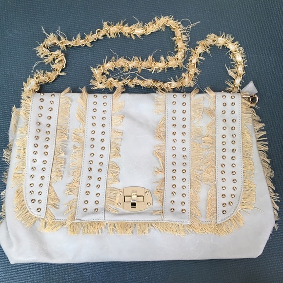 BEAUTIFUL fringe and stud grey leather purse