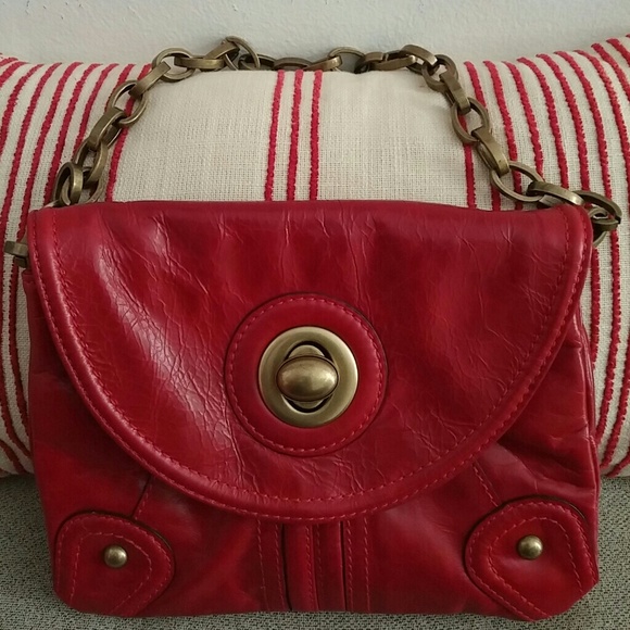 Tracy Reese red leather bag with heavy chain strap and gold accents