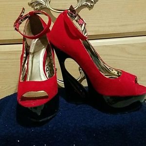 Red ankle tie funky heel pumps