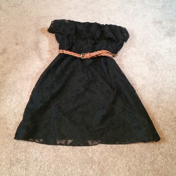 Black strapless lace dress with belt
