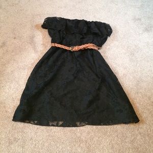 Black strapless lace dress with belt