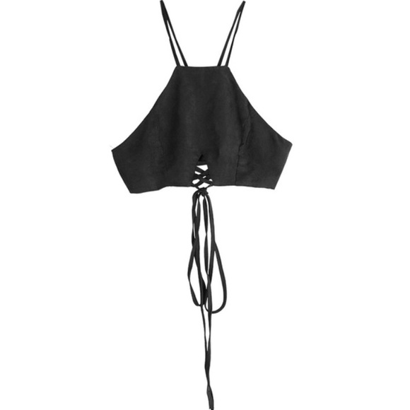 Black festival crop open back tie top suede - Picture 2 of 3
