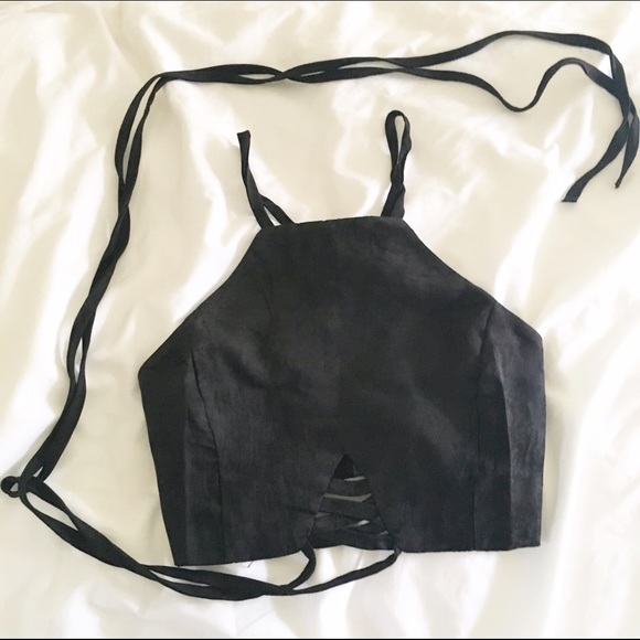 Black festival crop open back tie top suede - Picture 3 of 3