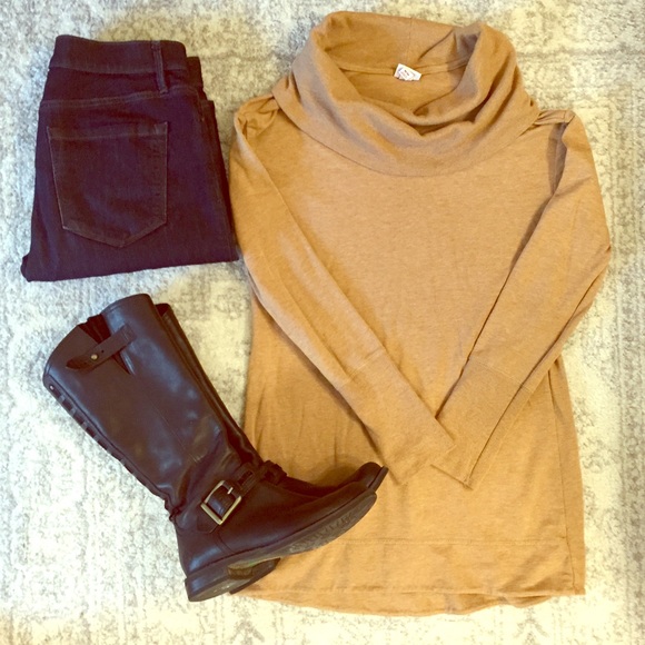 Tan Tunic Sweater with Cowl Neck