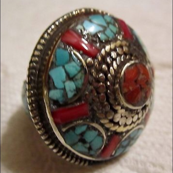 TURQUOISE RING CORAL RING NEPALI RING - Picture 2 of 4