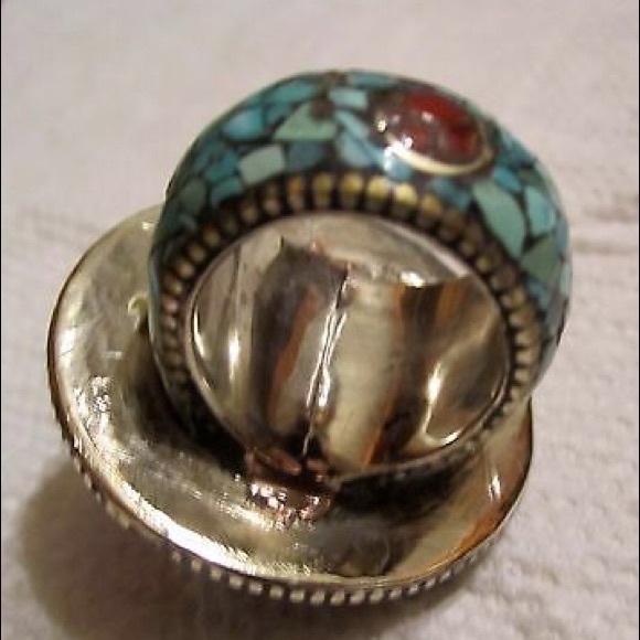 TURQUOISE RING CORAL RING NEPALI RING - Picture 3 of 4