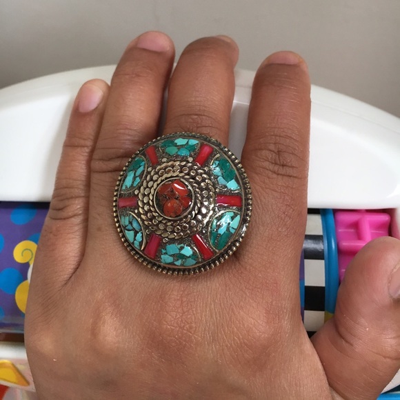 TURQUOISE RING CORAL RING NEPALI RING - Picture 4 of 4