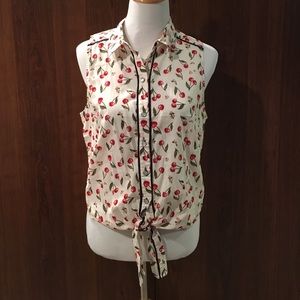 RETRO FRONT TIE BUTTON UP CHERRIES + FLORAL TOP