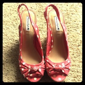 Red and white polka dot wedges