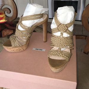 Miu Miu Taupe Leather and Cork platform sandals