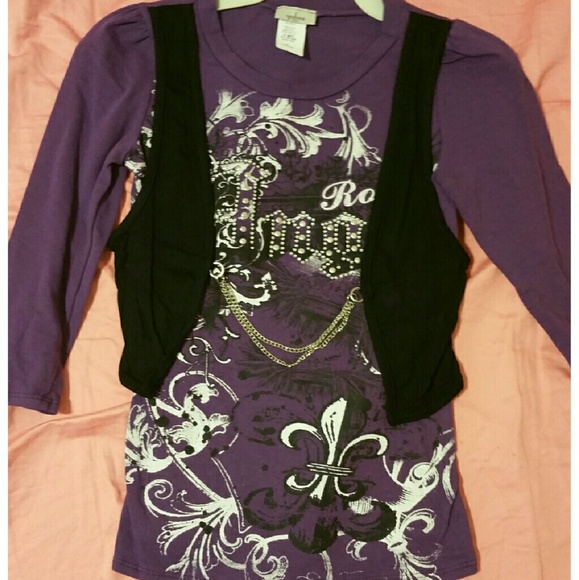 💜Girl purple blouse with attached blackVest NWOT