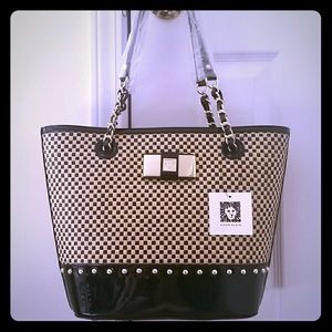 Anne Klein Checkmate Black Patent Straw Tote