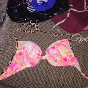 Bright neon floral design push PINK swim suit top.