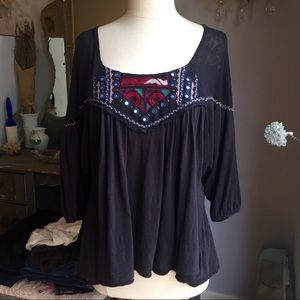 Free People Flowy Black Boho Embroidered Top S