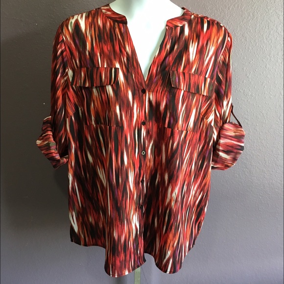 Red multicolored button down blouse-NWOT
