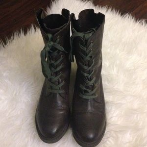 Brown combat boots with camo green lace for sale